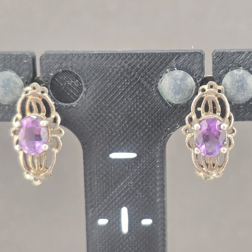 Vintage Estate Earrings Purple Filigree Sterling Silver Oval 0.75in